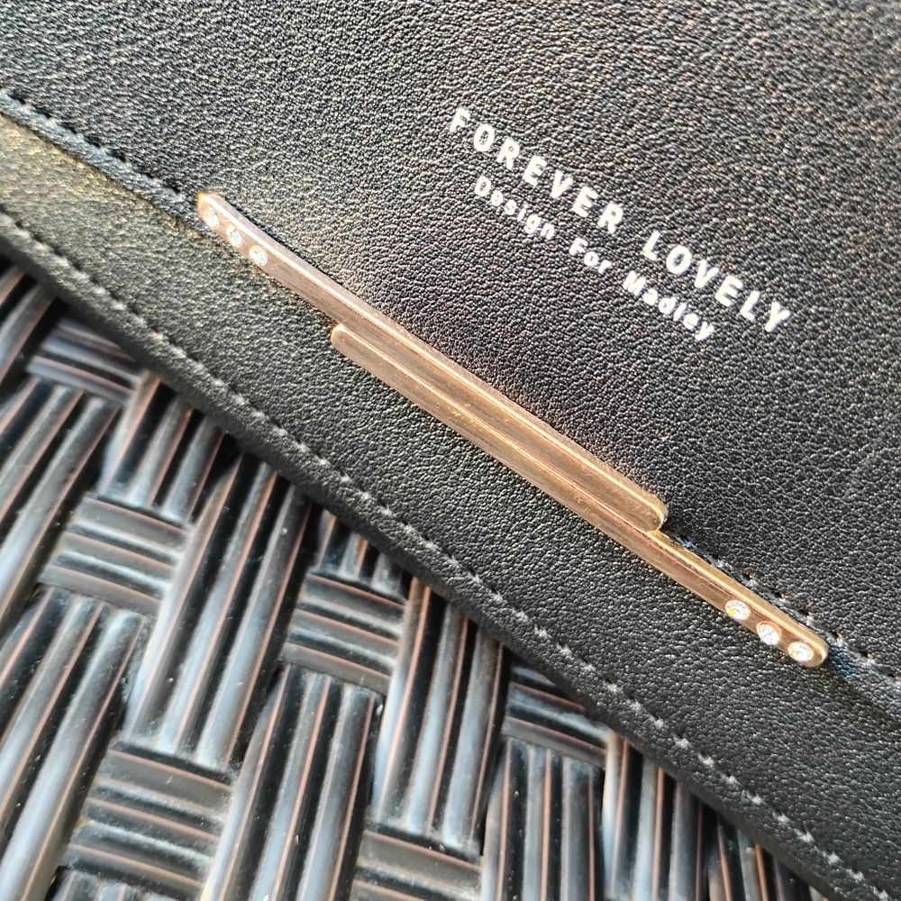 Forever Lovely Large Black Vegan Leather Wallet Clutch Gold Accents From Madley